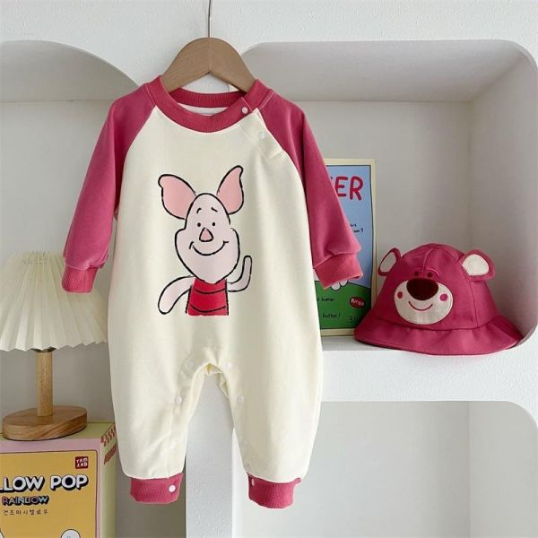 撞色拚袖粉紅小豬連身裝 