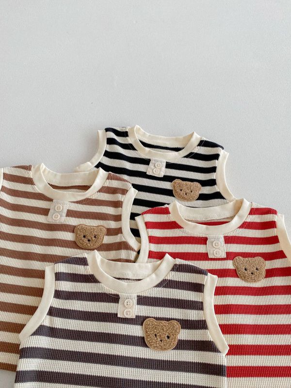 華夫格條紋小熊布標背心套裝 