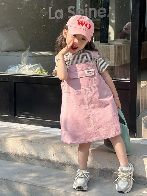 條紋上衣+粉色吊帶連身裙套裝 