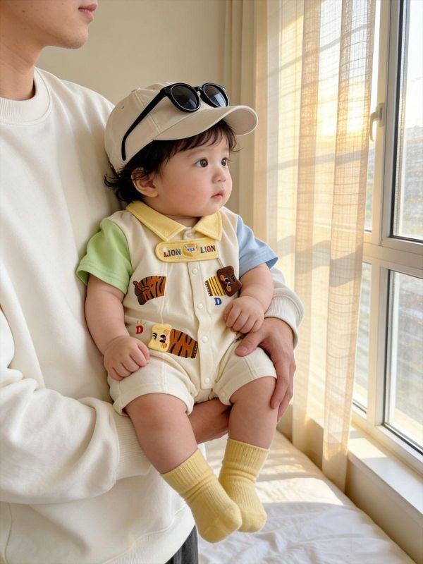 撞色翻領拼袖娃娃小獅子連身裝 