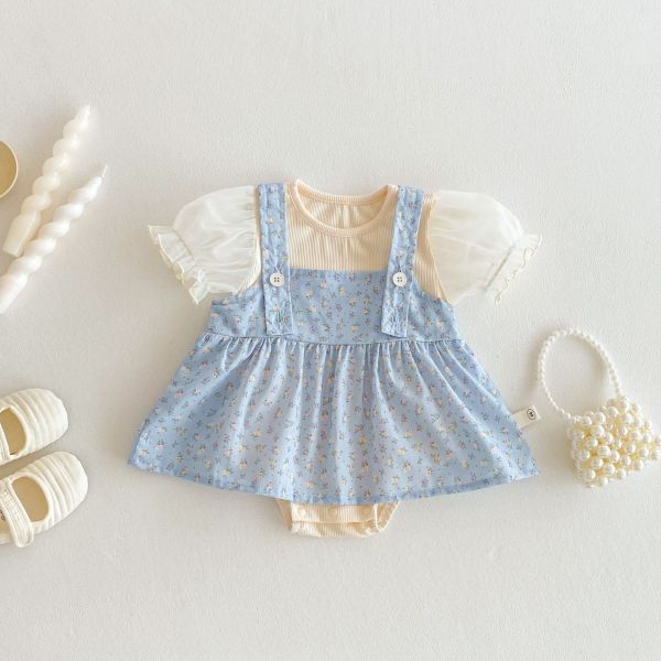 公主澎袖螺紋包屁衣+碎花吊帶裙套裝 