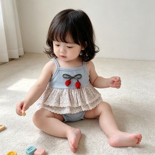 螺紋坑條鬱金香雙層蕾絲包屁衣 