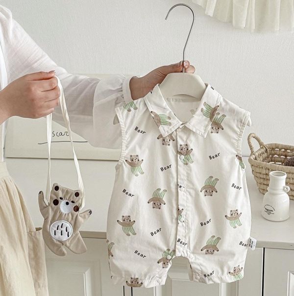 森林小熊翻領開釦連身裝(含小熊包) 