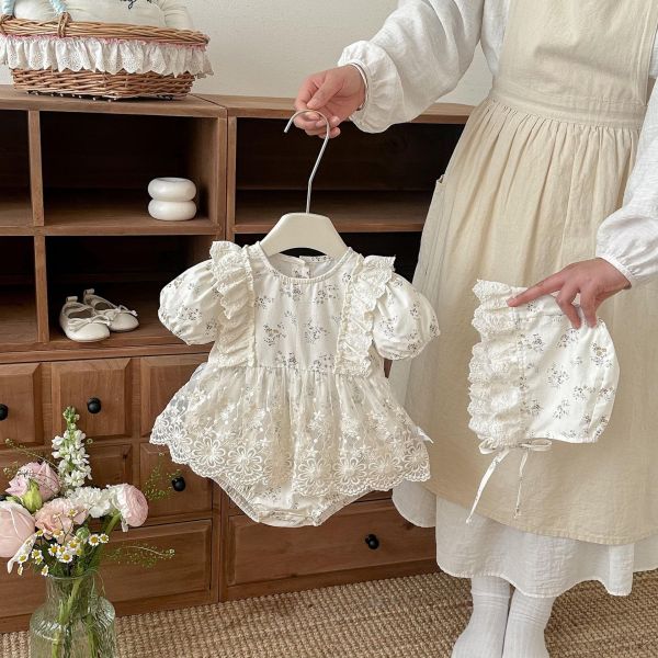 田園碎花蕾絲包屁裙+帽 