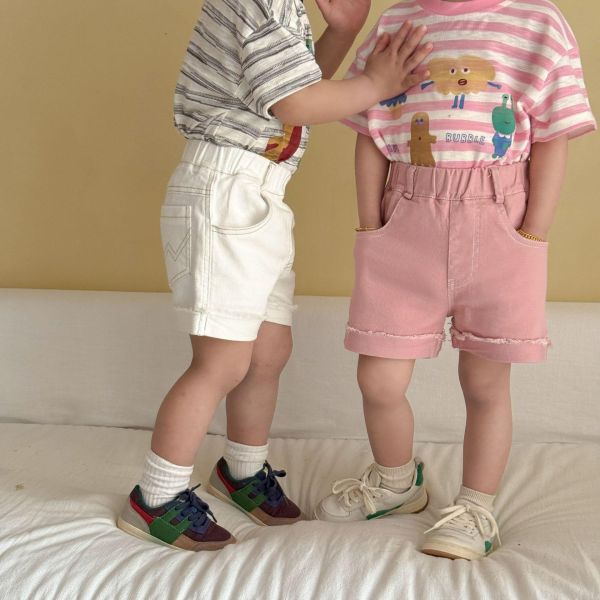 素色卷邊不修邊休閒短褲 