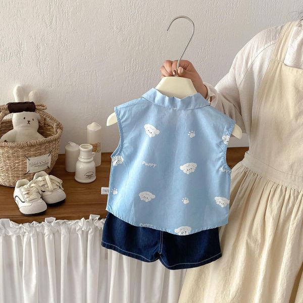 雲朵狗狗領帶背心襯衫/牛仔短褲 