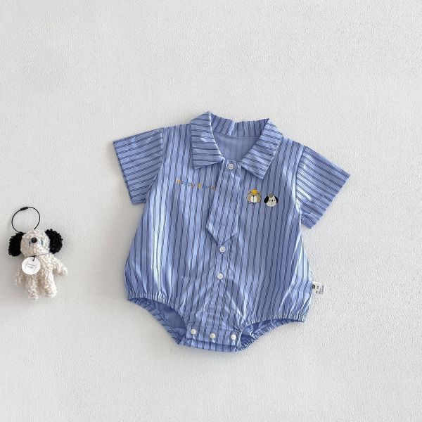 可拆式領帶-豎條紋翻領包屁衣 