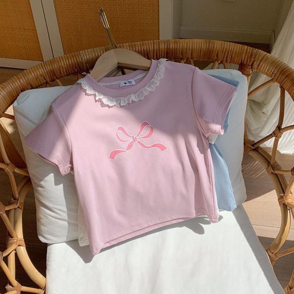 大蝴蝶結印花蕾絲領口上衣 