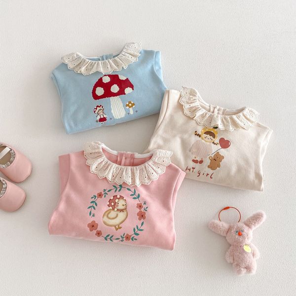 蕾絲領卡通上衣/條紋喇叭彈力褲 