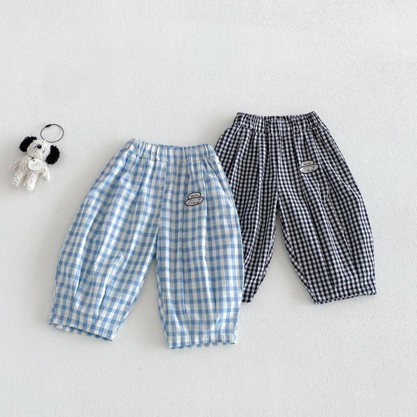 純棉透氣雙色格紋鬆緊燈籠褲 