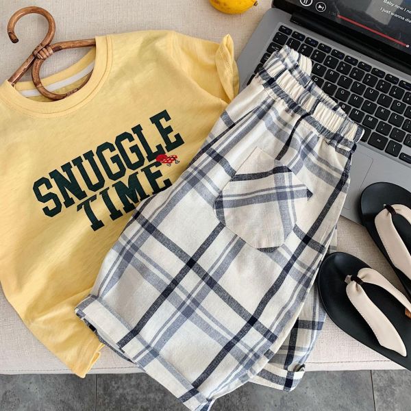 百搭復古格紋九分棉質長褲 