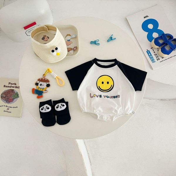 撞色拼袖可愛笑臉包屁衣 