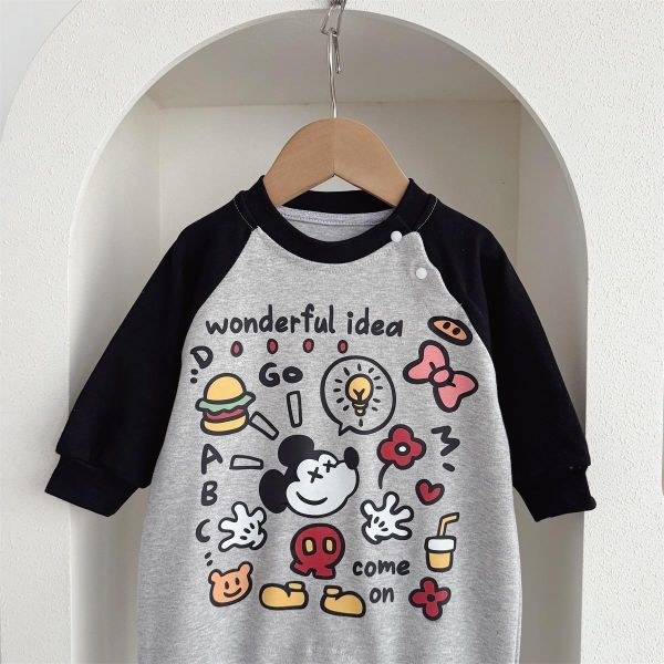 可愛塗鴉米奇卡通拼袖連身裝 