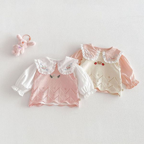 早春兔子/小熊刺繡花邊背心 