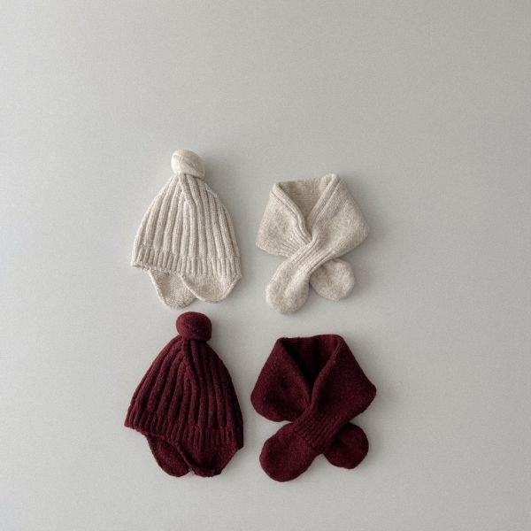 素色螺紋精靈護耳帽+圍脖 