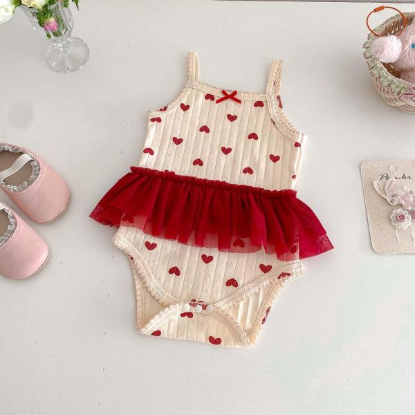 螺紋愛心/蝴蝶結網紗拼接包屁衣 