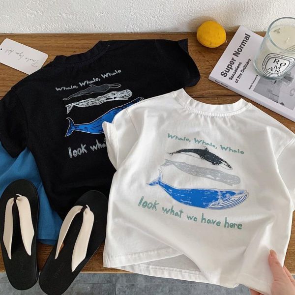 海洋動物鯨魚印花素色上衣 