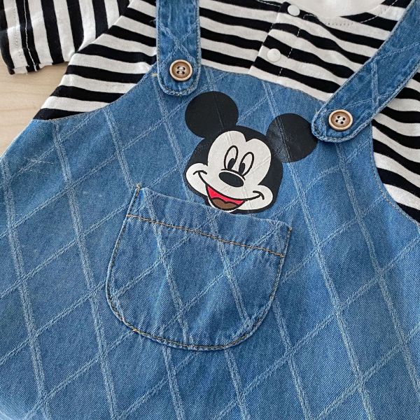 假兩件條紋牛仔米奇連身裝 