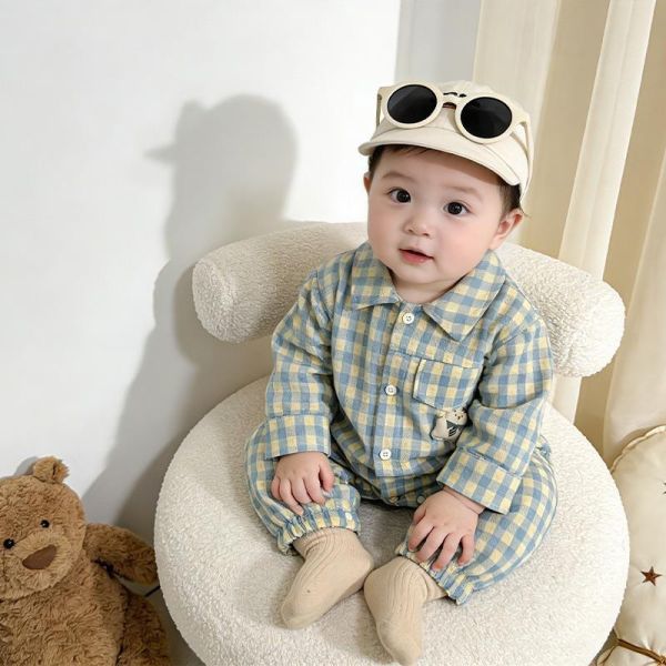 格紋小熊單口袋居家/外出連身裝 