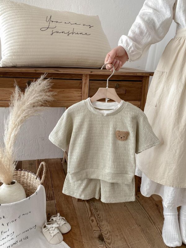 假兩件小熊華夫格上衣+短褲套裝 