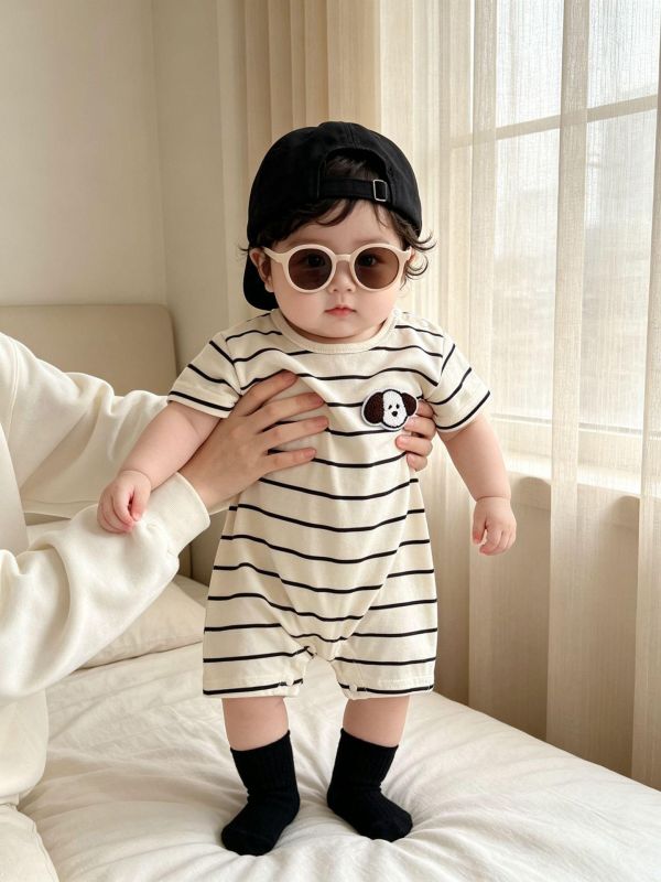 狗狗貼布條紋彈力連身裝(2色) 