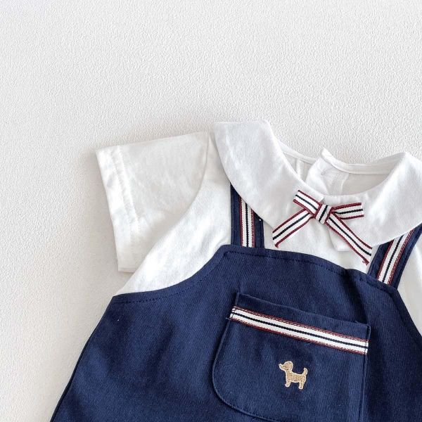 假兩件蝴蝶結翻領背帶連身裝 