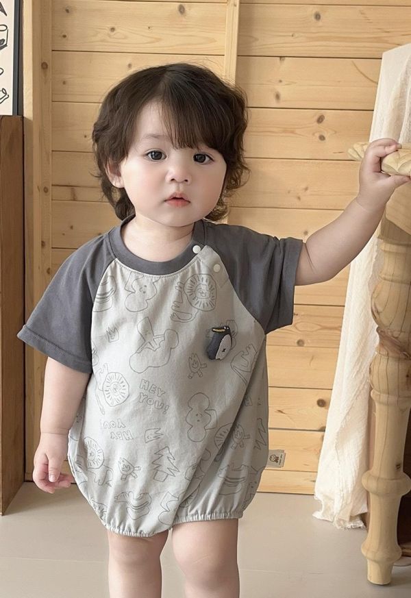 可愛塗鴉企鵝布偶拼袖包屁衣 