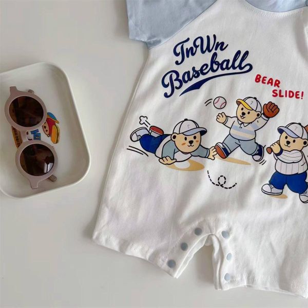 棒球小熊印花拼袖連身裝 