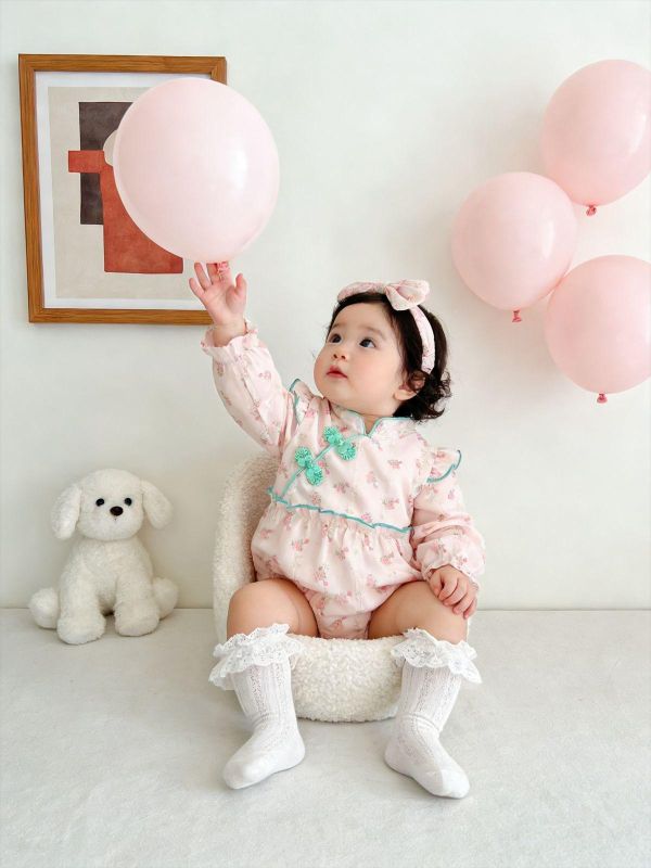 復古甜美旗袍式包屁衣+髮帶 