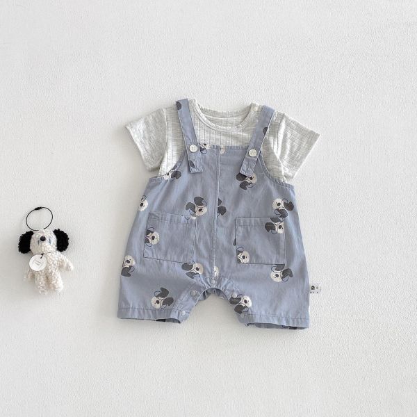 螺紋素上衣+狗狗吊帶短褲套裝 