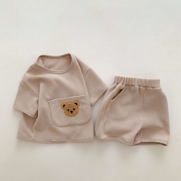 華夫格小熊刺繡單口袋套裝 