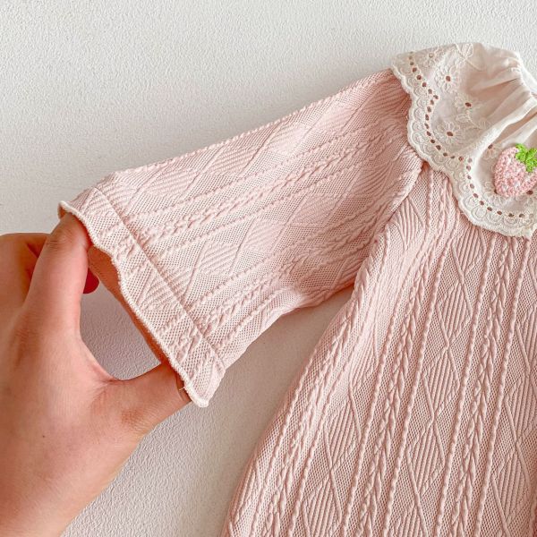 草莓翻領麻花開釦連身裝(含髮帶) 