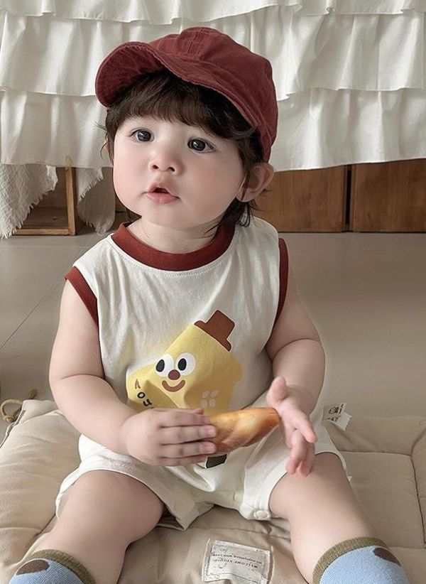 可愛餅乾印花拼色無袖背心連身裝 