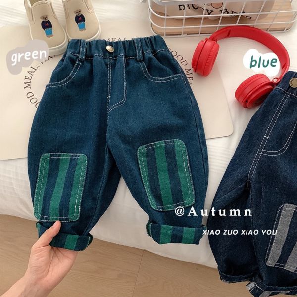 直紋拼布時髦牛仔褲 
