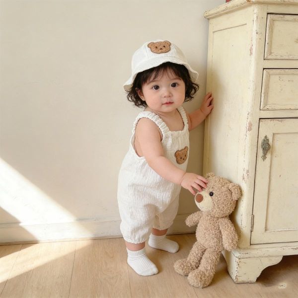 紗布棉小熊布標背帶連身褲+帽 
