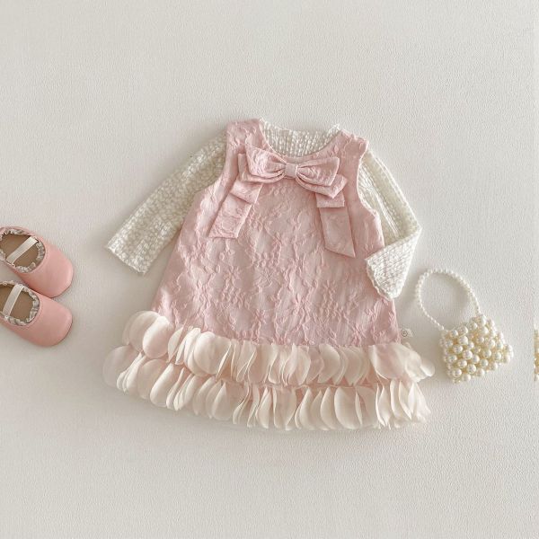 小香風壓紋打底衣/蝴蝶結網紗連身裙 