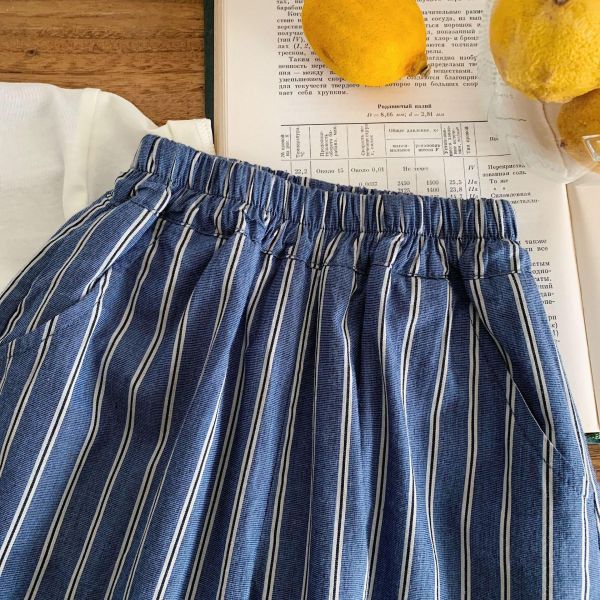 豎條紋口袋貼布薄款九分長褲 