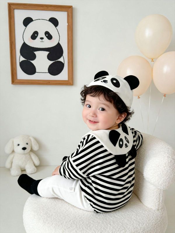 可愛娃娃領貓熊條紋包屁衣/打底褲 