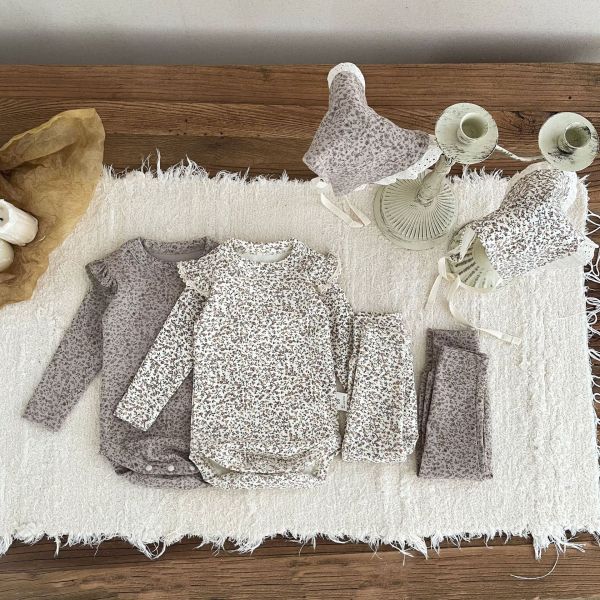 滿印碎花飛袖包屁衣+長褲+帽三件套裝 