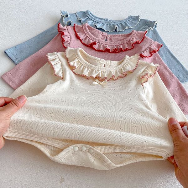 荷葉領甜美素色彈力純棉包屁衣 