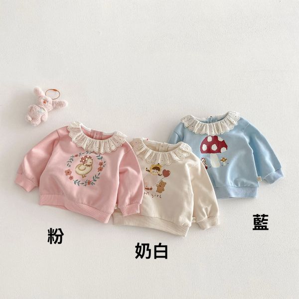 蕾絲領卡通上衣/條紋喇叭彈力褲 