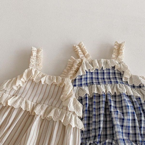 蕾絲拼接格紋/條紋背帶包屁衣 