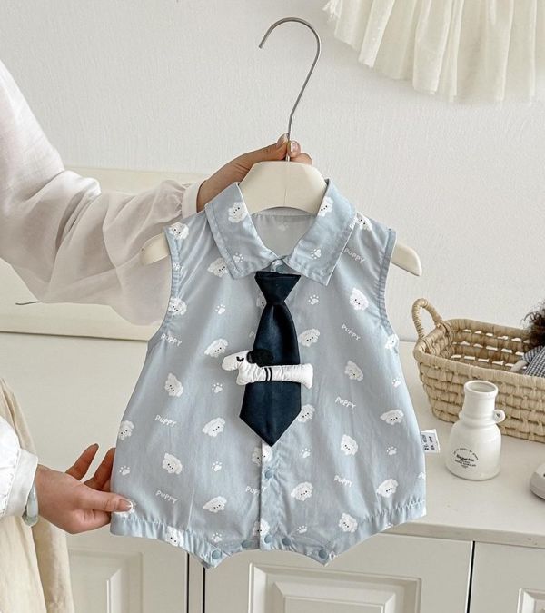 可愛狗狗印花領帶翻領連身裝 