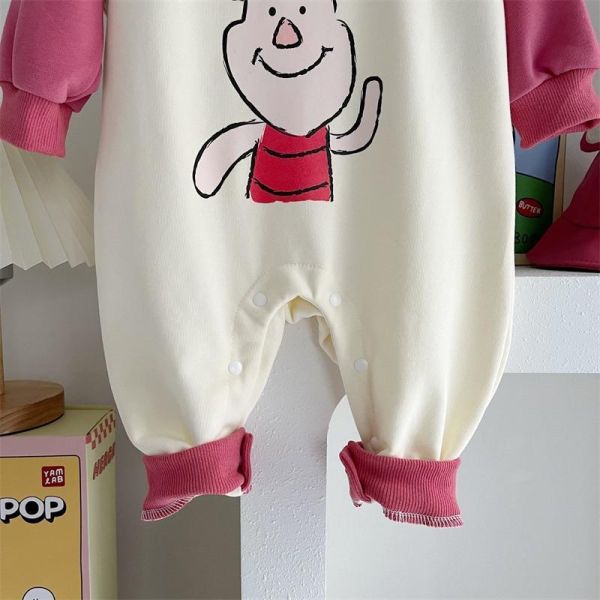 撞色拚袖粉紅小豬連身裝 