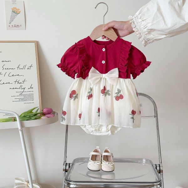 假兩件櫻桃拼接短袖/長袖包屁裙 