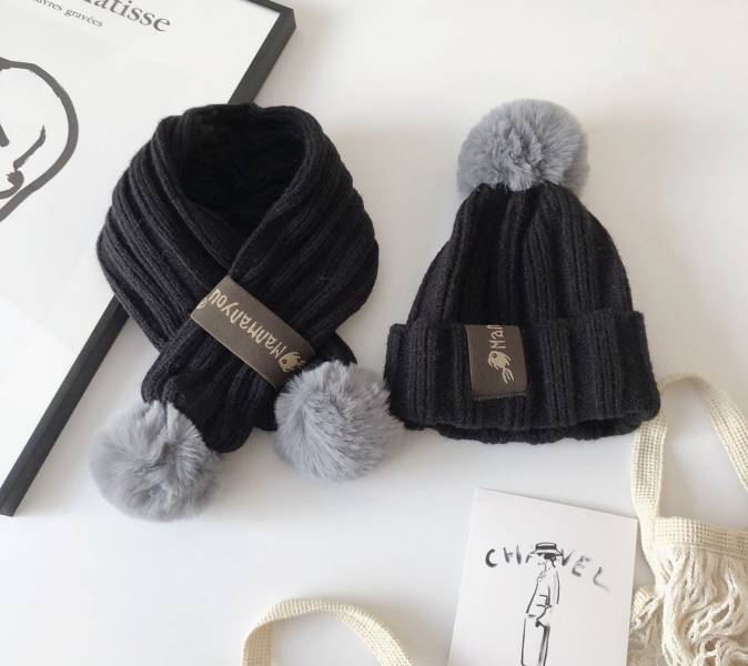 韓-秋冬直紋針織毛帽圍巾組 