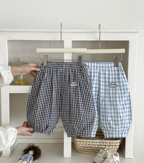 純棉透氣雙色格紋鬆緊燈籠褲 