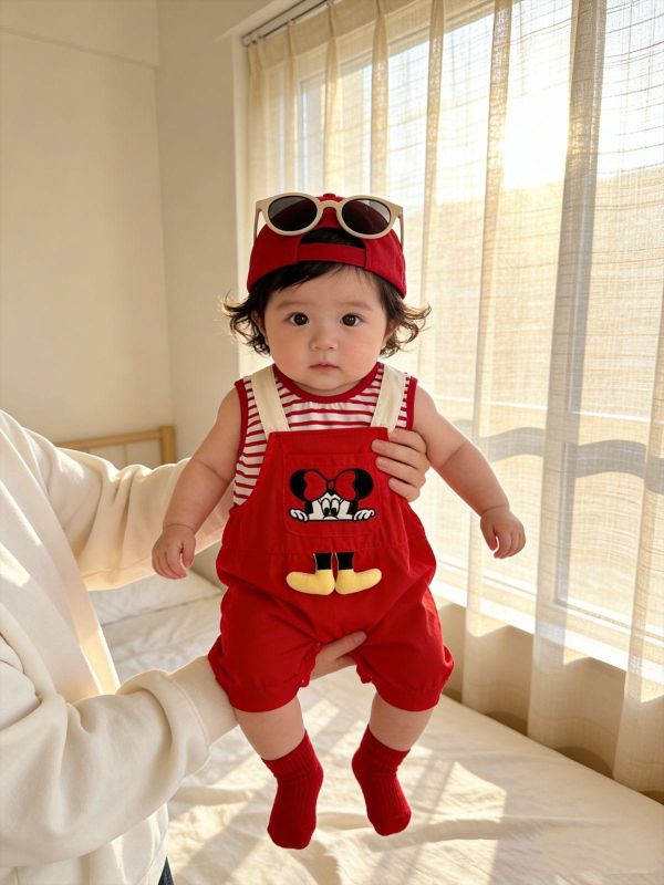 條紋背心+迪士尼卡通吊帶褲套裝 