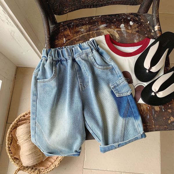 水洗暈染可愛布標七分牛仔褲 