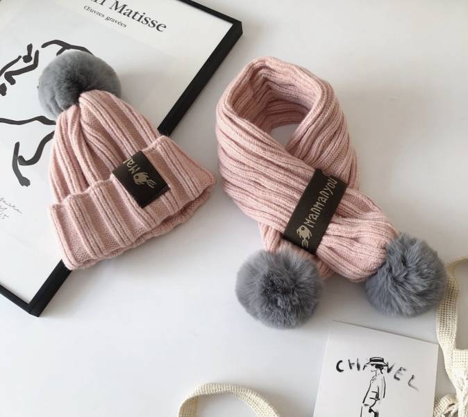 韓-秋冬直紋針織毛帽圍巾組 